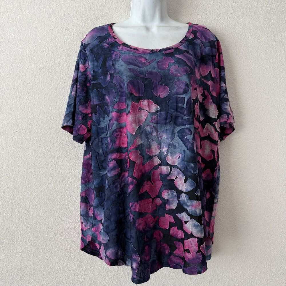Karen Kane Tie-dye Knit Jacquard Shirt 1X Purple Pink Devore Top Artsy Abstract